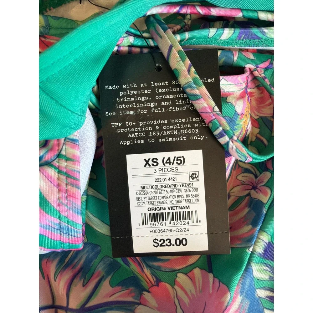 Art Class Tropical Hawaiian Palm Floral Rash Guard Bikini Bathing Suit 4/5 NWT